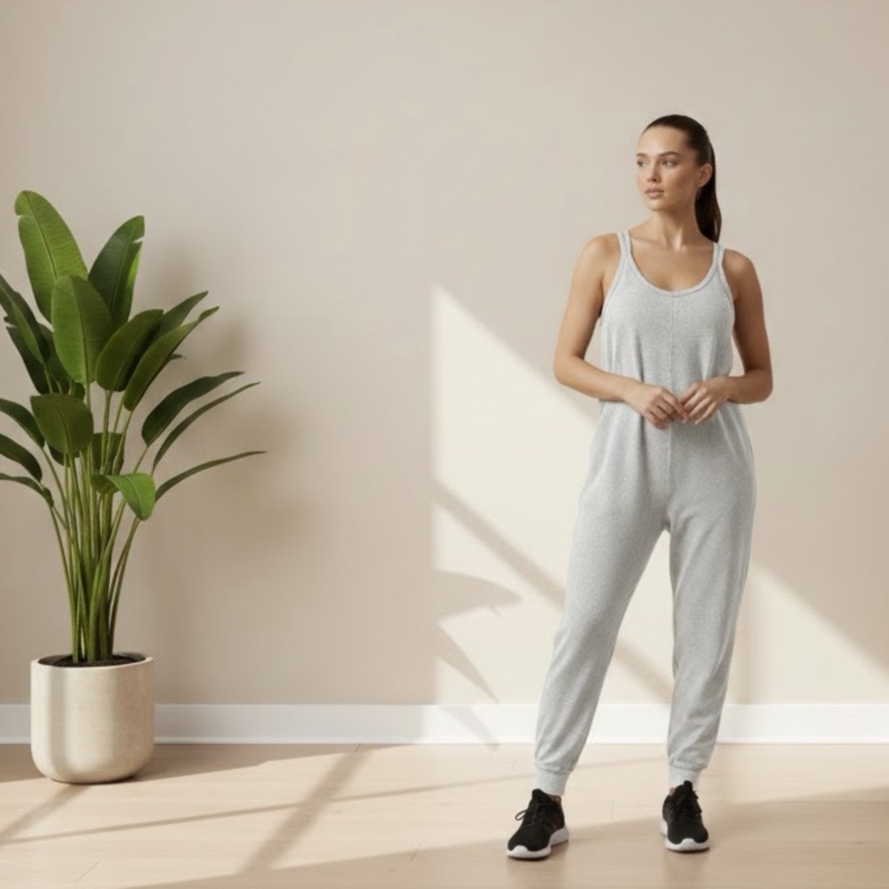 T/S By Thrive Clothing Soft Gray Jumpsuit Pockets New Size Large Loungewear New - Picture 2 of 10